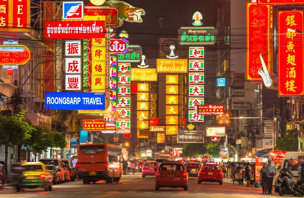 Digital Nomads in Thailand working on laptops in a beachside café with a beautiful ocean view in the background.