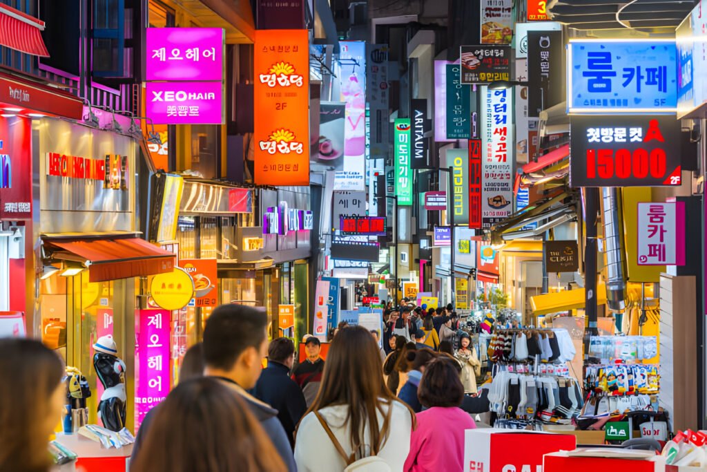 !<Crowds of shoppers along the pedestrianized streets of Myeong-dong, overlooked by the neon lights of stores in the heart of Seoul at night. The image captures the vibrant atmosphere of South Korea’s bustling capital city. Digital Nomad Visa 2024.
